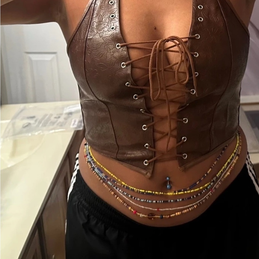 Brown Lace-Up Leather Crop Top